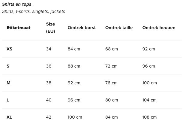 Saysky maattabel dames tops